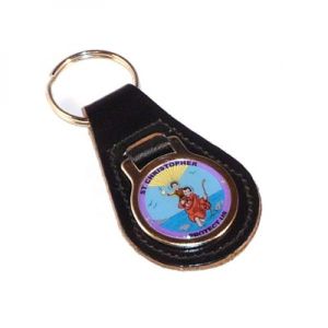 Bonded Leather St Christopher Protect Us Keyring