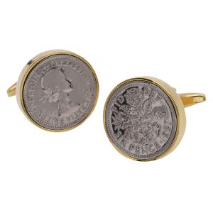 Genuine Polished Silver Lucky Sixpence in Gold Plated Cufflinks