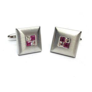 Brushed Metal with Crystals Fuchsia Classic Cufflinks