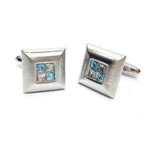 Brushed Metal with Crystal Sapphire Stones Classic  Cufflinks