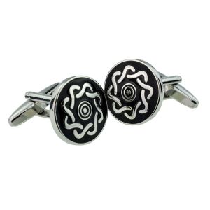 Rhodium Plated Round Silver & Black Enamel Celtic Design Classic Cufflinks