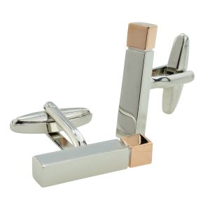 Two Tone Rhodium & Rose Gold Plated Rectangular Cuboid Cufflinks (engravable)