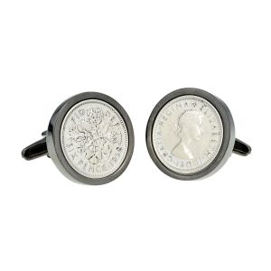 Polished Silver Sixpence in Gunmetal Finish Cufflinks