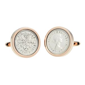 Polished Silver Sixpence in Rose Gold Finish Cufflinks