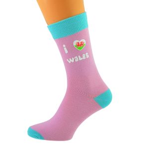 Pale Pink & Turquoise Unisex Socks I Love Wales Welsh design