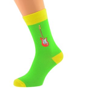 Two Colour Green & Yellow Mens Socks with Red Guitar Design