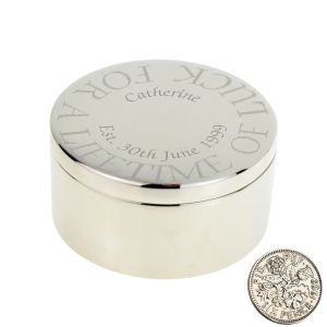 Personalised Lucky Sixpence for the Bride in Personalised Engraved Trinket Box