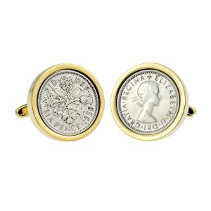 Genuine Polished Silver Lucky Sixpence in Gold Plated Cufflinks