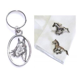English Horse Design Pewter Cufflinks & Keyring Set