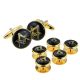 Black & Gold Enamelled Masonic Cufflinks & 5 Button Stud Set